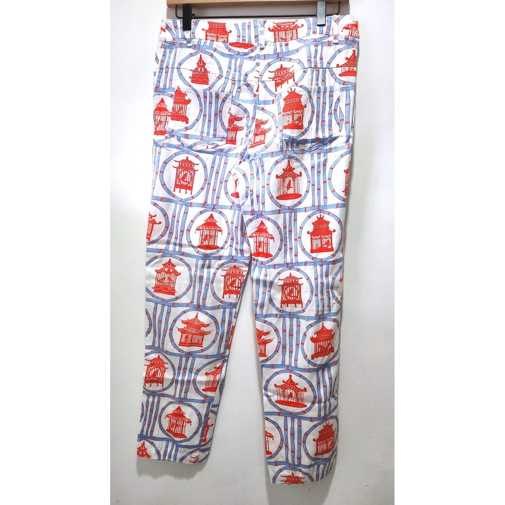 Gretchen Scott Red Blue Pagoda Bamboo Print Ankle Pants Womens Small Chino Slim